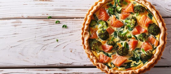 Sticker - Top-down view of a quiche tart containing smoked salmon, broccoli, and spinach on a white wooden background, designed for a copy space image.