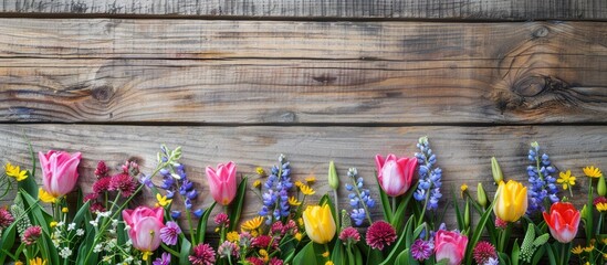 Poster - Top view of spring flowers on a wooden surface with a spacious area for additional images.