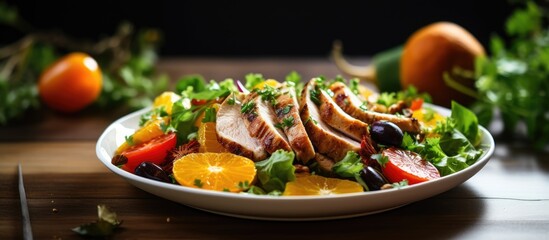 Copy space image featuring a delectable ketogenic salad with chicken, herbs, and citrus fruits.