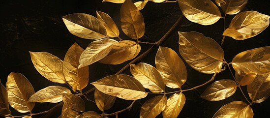 Aufkleber - Creative golden painted leaves against a black backdrop, providing an artistic ambiance with copy space image.