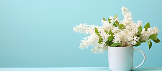 Poster - A cup filled with white lilacs on a light blue backdrop with copy space image.