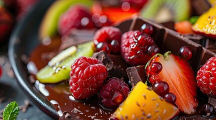 A plate of fruit with chocolate drizzled on top