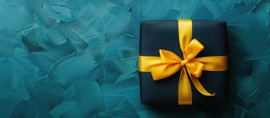 Canvas Print - Gift box with a beautiful bow on dark blue paper with a yellow ribbon, set against a light blue background; ideal for festive events and as a copy space image.
