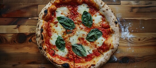 Sticker - Top-down view of a Margherita pizza displayed on a wooden surface, with a designated area for additional content within the image.