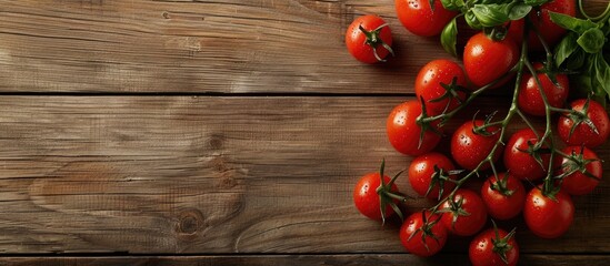 Poster - Tomato fruit displayed on a wooden plank with copy space image.