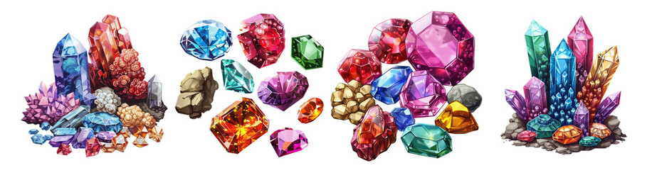 Variety pixel art style gems isolated on transparent background, magic glow vibrant shiny