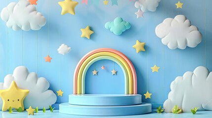 Background podium baby cute product 3d cloud kid children display banner room toy design blue  Podium scene boy background rainbow baby stand studio presentation shower template sa