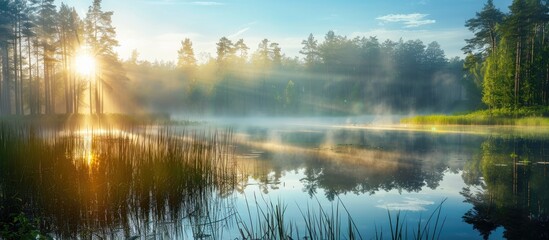 Sticker - Capture the serene beauty of a misty morning landscape with the sun casting rays over a pond in a forest, ideal as a romantic copy space image.