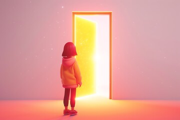 Little girl standing in front of a glowing door.