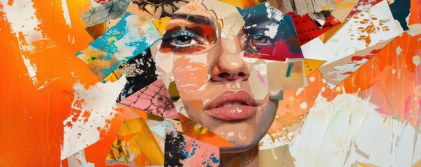 Wall Mural - A woman's face is cut up into pieces and pasted onto a red background. The image is a collage of different pieces of paper.