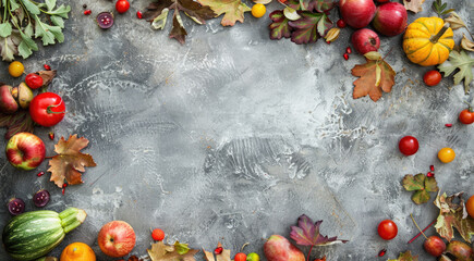 Wall Mural - Thanksgiving and Autumn decoration concept made from autumn leaves, pumpkins, fruits and vegetables on grey concrete background. Flat lay, top view with copy space.