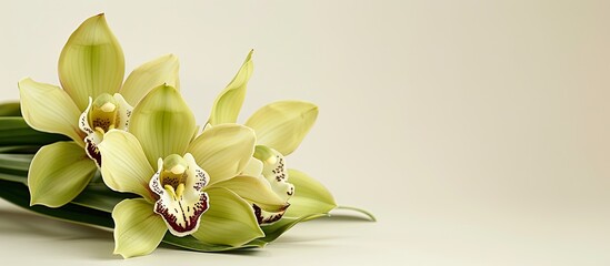 Wall Mural - Cymbidium flower in yellow-green hue, set against an ivory white background in a studio, with copy space image available.