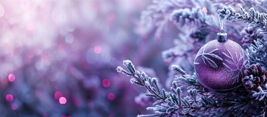 Poster - Frost-covered branches adorned with a Christmas bauble over a violet background, conveying a festive Xmas and New Year concept. Ideal for a copy space image.