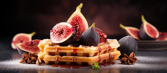 Sticker - Gourmet dessert featuring a fresh fig slice on a waffle with copy space image.