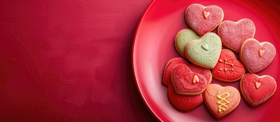 Aufkleber - Heart-shaped colorful cookies on a red plate with copy space image.