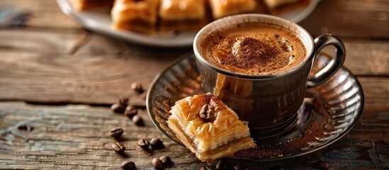 Poster - Selective focus on a cup of Turkish coffee and baklava creates an enticing image with room for text.