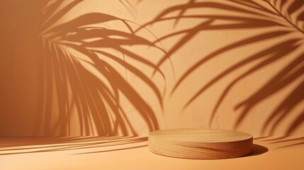 Wall Mural - Wooden cut podium on orange background with palm tree shadow. Stand for the presentation of beauty products, cosmetics. Generative Ai