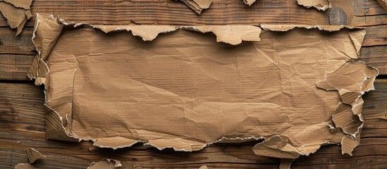Aufkleber - Ripped cardboard and brown paper with copy space image on rustic wood background viewed from the top.