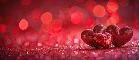 Poster - Valentine's Day themed decor with red wooden hearts placed on a table adorned with glitter, creating a festive ambiance with a blurred background ideal for a copy space image.