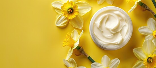 Sticker - Daffodil-infused face cream with vibrant copy space image.