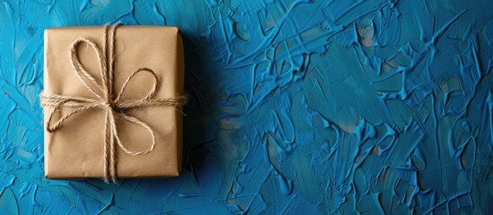 Aufkleber - Blue textured wall with wrapped presents and biker's twine on a postcard. Ideal for text placement.
