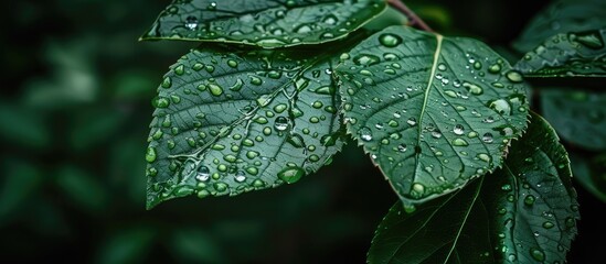 Sticker - Close-up view of a green leaf with raindrops in a park during the rainy season, set against a blurred black background to create a serene copy space image.