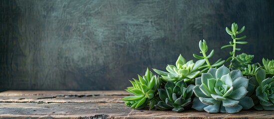 Aufkleber - Horizontal copy space image featuring decorative green succulent plants on a rustic wooden table, perfect for florist concepts or indoor flora enthusiasts.