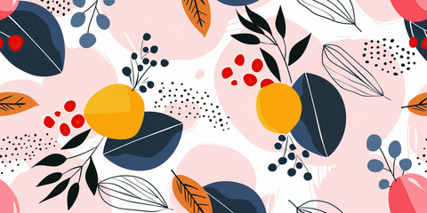 Wall Mural - A vector illustration of a seamless abstract pattern featuring colorful flowers, leaves, and circles. The background is white with a touch of pink.