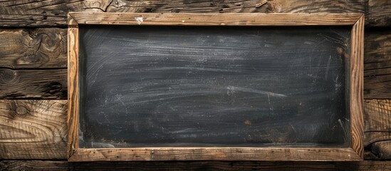 Poster - A blackboard displayed on a rustic wooden background, providing ample copy space for text or images.