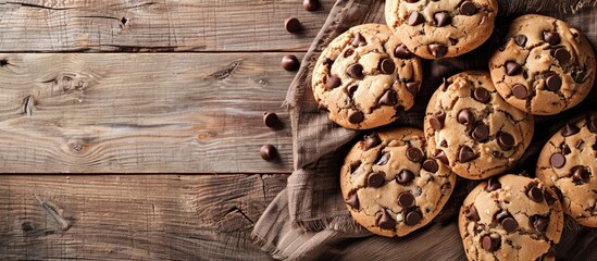 Poster - Cookies with chocolate chips displayed on a wooden backdrop with copy space image.