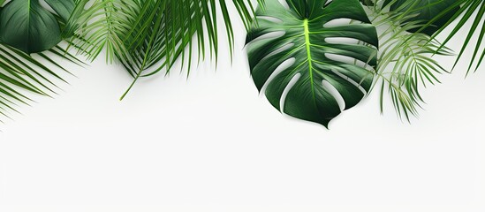 Aufkleber - Tropical palm leaves set on a white background, epitomizing a summer theme with a flat lay perspective and top view accompanied by ample copy space for creative additions.