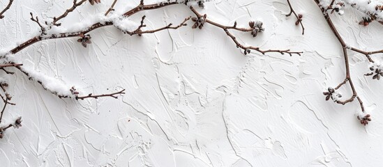 Leinwandbilder - Snow-covered twigs on a white backdrop with a space for adding text in the image.