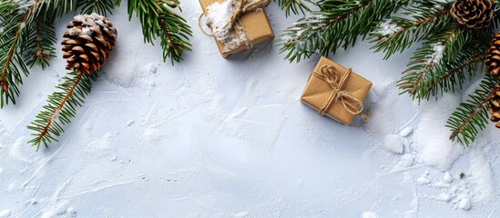 Fototapete - Top-view Christmas scene with a border and copy space image features green pine branches, cones, a gift box atop snow.