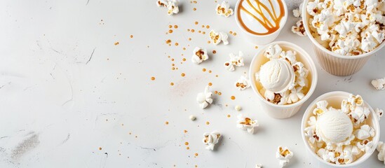 Sticker - White table with ice cream, caramel, popcorn, and copy space image.