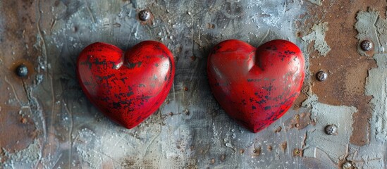 Poster - Two charming red heart decorations on a textured metal backdrop, perfect for showcasing text or images.