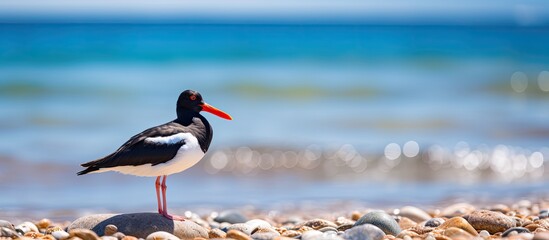 Aufkleber - An Oystercatcher, scientifically known as Haematopus ostralegus, standing on the shore with a beautiful view of the ocean in the background, ideal for a copy space image.