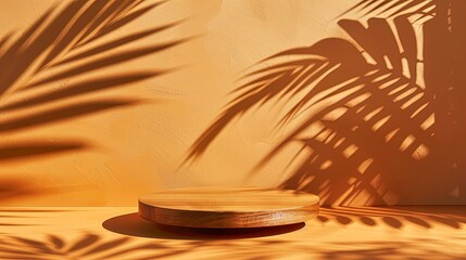 Wall Mural - Wooden cut podium on orange background with palm tree shadow. Stand for the presentation of beauty products, cosmetics. Generative Ai