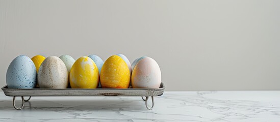 Wall Mural - Easter eggs on a metal stand against a white background with copy space image.