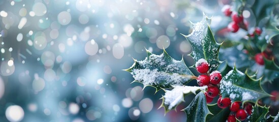 Aufkleber - Snow-covered holly branch in a garden setting, creating a festive Christmas background with ample copy space image.