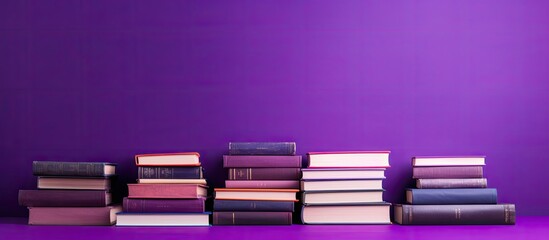 Poster - Books neatly stacked with a purple backdrop, ideal for a copy space image.