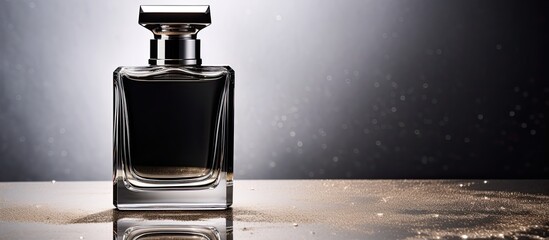 Sticker - Black perfume bottle displayed on a shiny silver background with empty space for text or other elements in the image.