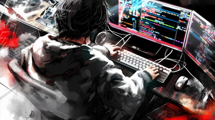 Programmer working on multiple monitors with code visible on screen