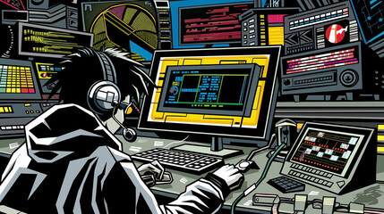 Hacker working on multiple computer screens with code and data