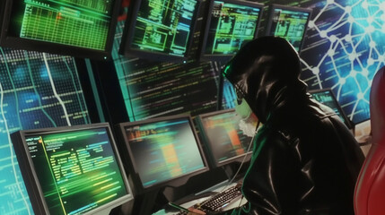 Hacker working on multiple monitors with green code on screen