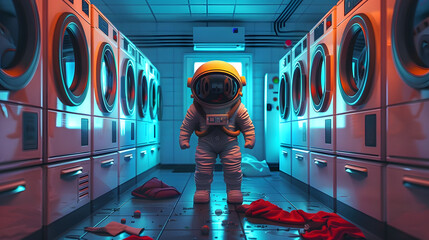 Wall Mural - a cartoon astronaut standing in a laundromat surrounded by washing machines and dryers.