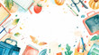 © Baron Von Fedorov - Watercolor illustration of a school frame with back-to-school theme featuring educational elements and supplies