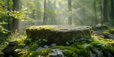 Wall Mural - A stone podium for product presentation against the background of a forest. Flat stone podium in a magical forest