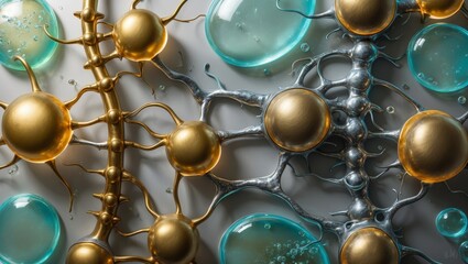 Sticker - A close-up of an abstract artwork featuring metallic and glass spheres