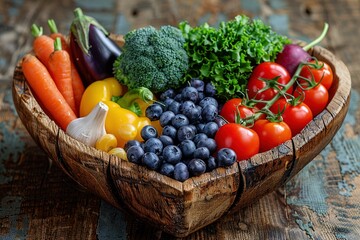 A heart shaped wooden bowl filled with fresh fruits and vegetables, including apples, blueberries, tomatoes, carrots, broccoli, yellow peppers, white beans, garlic clove, eggplant, green greens on an