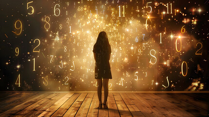 Wall Mural - Woman Standing on Wooden Floor Surrounded by Magic Numbers, Fortune Teller, Numerology, Predict Future Concept